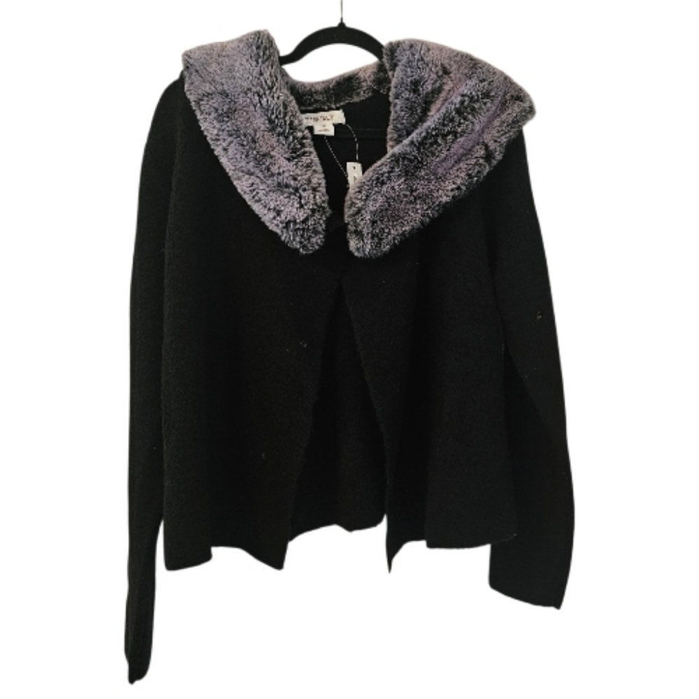 Black and Grey Ellen Tracy Women's Faux Fur Trim Cardigan